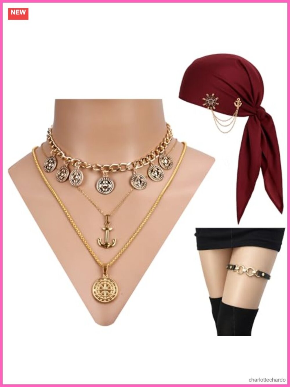 Pirate Costume Accessory Set Bandana Brooch Necklace Garter Cosplay Halloween
